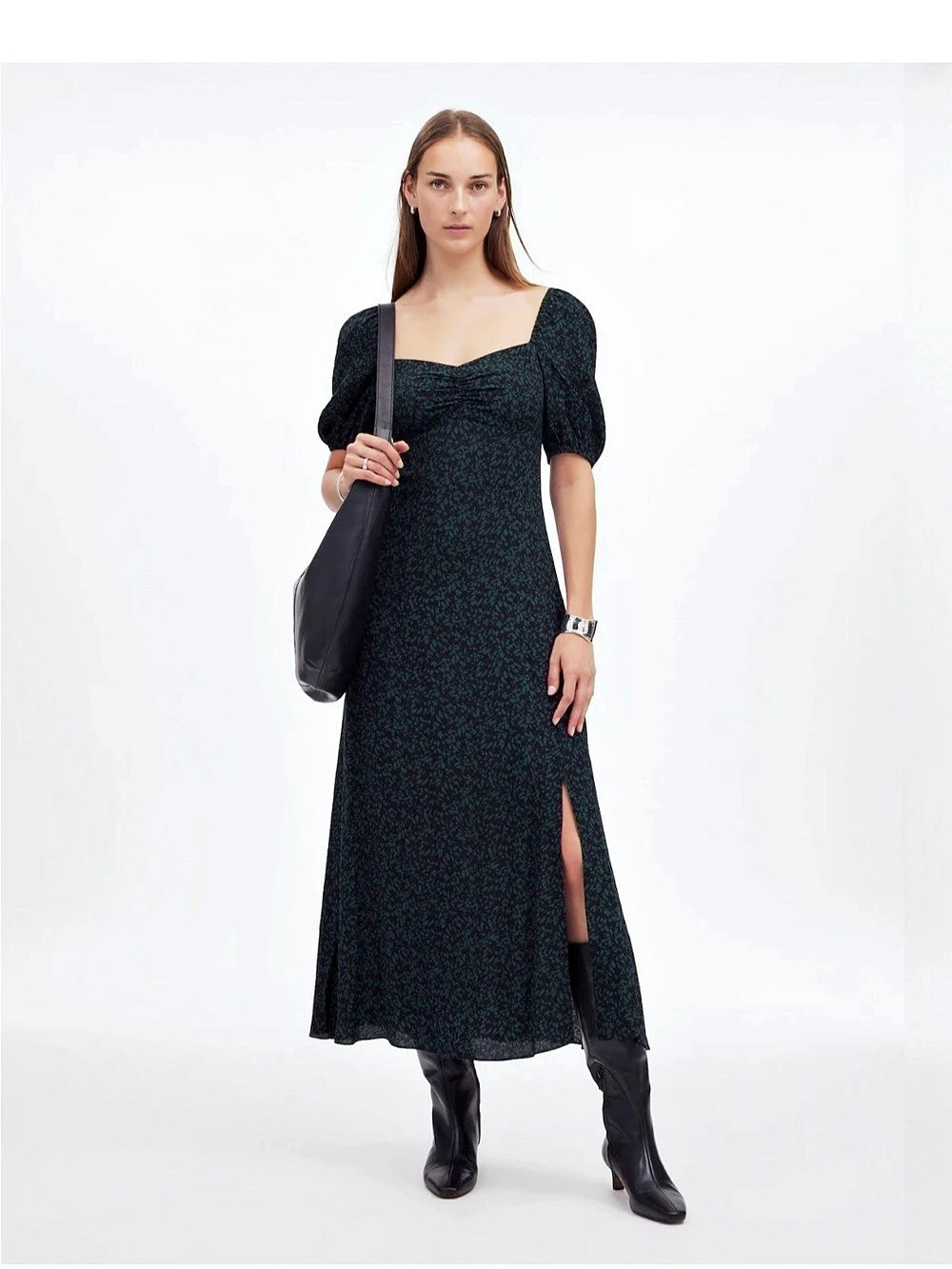 Madewell Smocked Puff-Sleeve Dress Floral Black & Green Like New